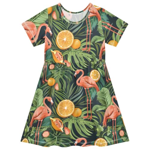 Reiacy Vestido de verano de manga corta con estampado de flamencos, sin costuras, para niñas, vestido casual de playa para 2-8 años, Patrón sin costuras con flamencos, 2 años