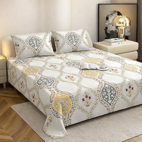 Image of Cotton Feel King Size Flat Bedsheet for Double Bed (90 x 100 Inches | 230 x 250 cm) with 2 Pillow Covers | Soft & Smooth Printed Bedsheet for Daily Use (White Boss, King Bed-90x100)
