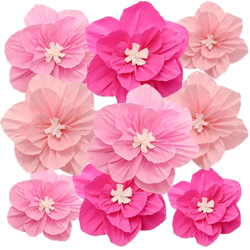 9 fleurs en papier crépon rose et rouge pour votre décoration fait main