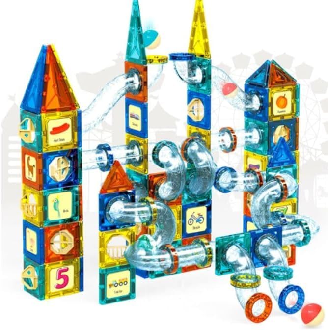 ToyGlee 97-Piece Magnetic Pipeline Building Tiles Set, Educational STEM Construction Blocks, Colourful 3D Building Toy for Ages 3+