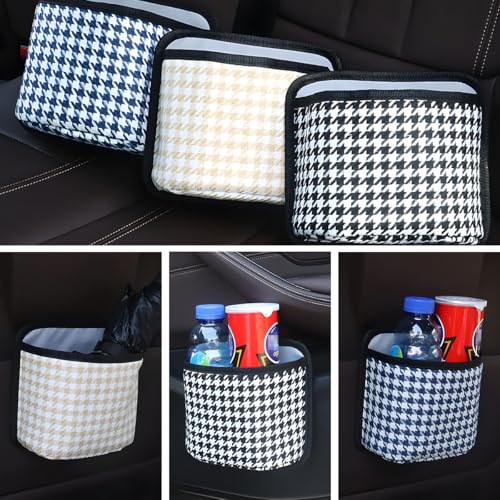Image of Car Trash Can, Mini Foldable Vehicle Garbage Organizer with 15PCS Bin Bag, Check Pattern Auto Interior Hanging Bin Container Accessoies, Universal for SUV Sedan Truck (Beige /White)