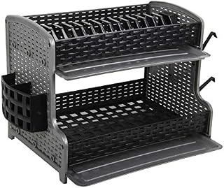 Galaxy 2 Tier Large Dish Drainer Rack Tray Utensil Cutlery Kitchen Plastic (Black)