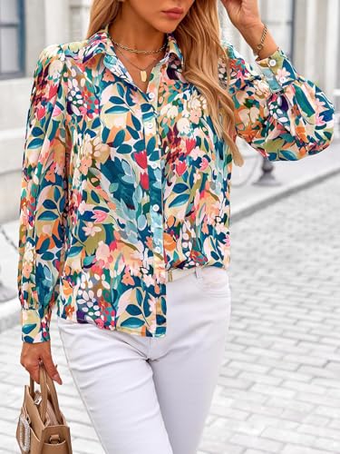 PRETTYGARDEN Women's Floral Blouses Dressy Casual V Neck Button Down Shirts Lantern Long Sleeve Boho Chiffon Fall Tops 20253