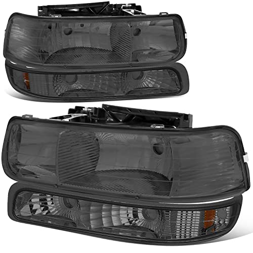 Auto Dynasty 4pcs Headlights Assembly with Bumper Lamps Compatible with Chevy Silverado 1500 2500 3500 Suburban Tahoe 1999-2006, Driver and Passenger Side, Chrome Housing Smoke Lens