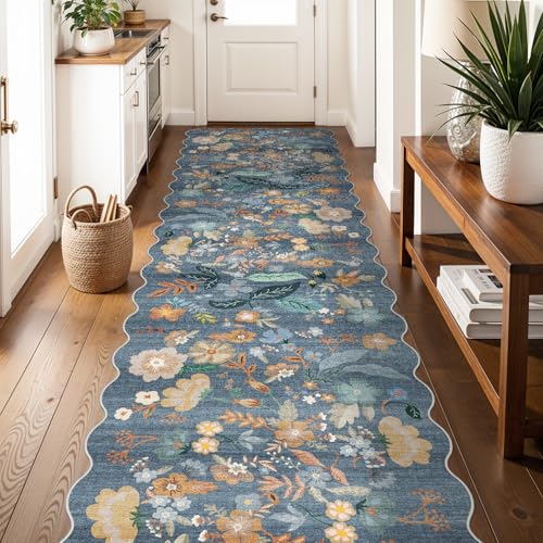 3x12 Runner Scalloped Rug for Hallway: Washable Non Slip Floral