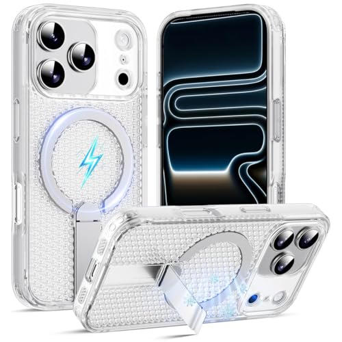 Image of ZORBES Compatible with iPhone17 Pro, TPU Fashion Honeycomb Clear Phone Case with Folding Metal Bracket, Magnetic Attracting Ring for Wireless Charging & Magnetic Car Mounts
