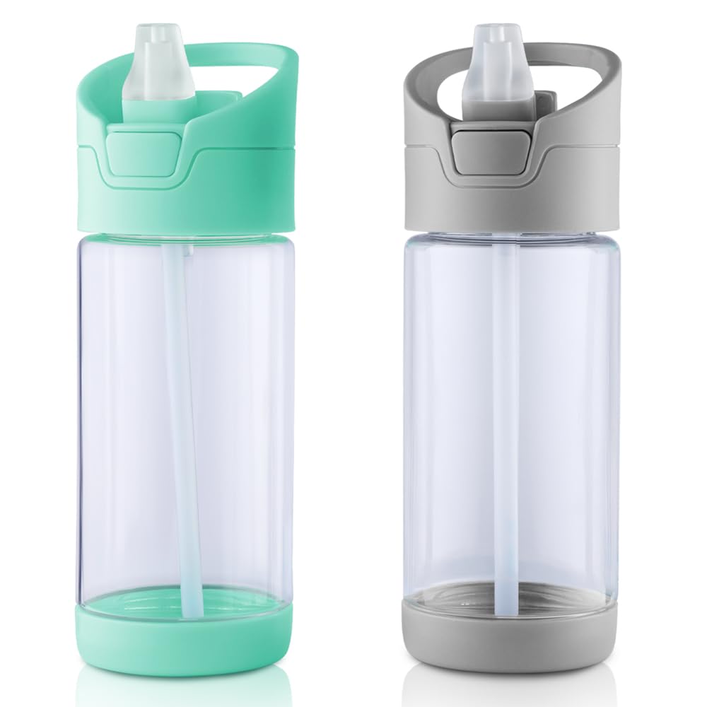 wedrinkkids Water Bottle with Straw BPA-Free Tritan Plastic Sports Water Bottle for School (12 OZ, Grey and Green)