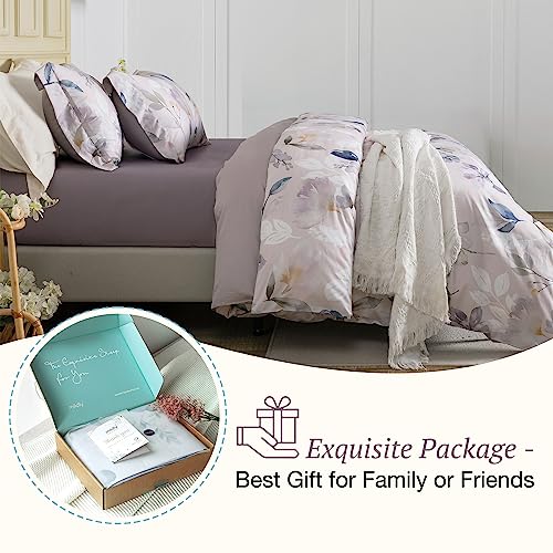 MILDLY 100% Long-Staple Cotton Duvet Cover Set Light Gray Pink Floral Leaf Pattern Printed Comforter Cover 3pcs, Ultra Soft & Breathable Bedding Set