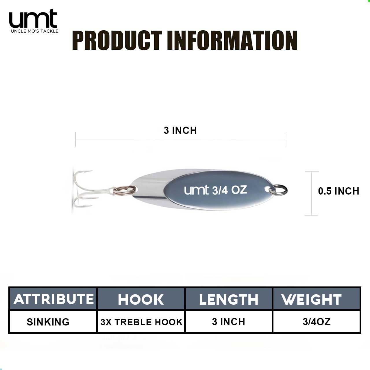 UMT Chrome Fishing Spoon Lure 3/4oz,1oz, 2oz – Super Sharp 3/0 Treble Hook for Freshwater & Saltwater Bluefish, Trout, Steelhead 1, 5, 10 Pack Options