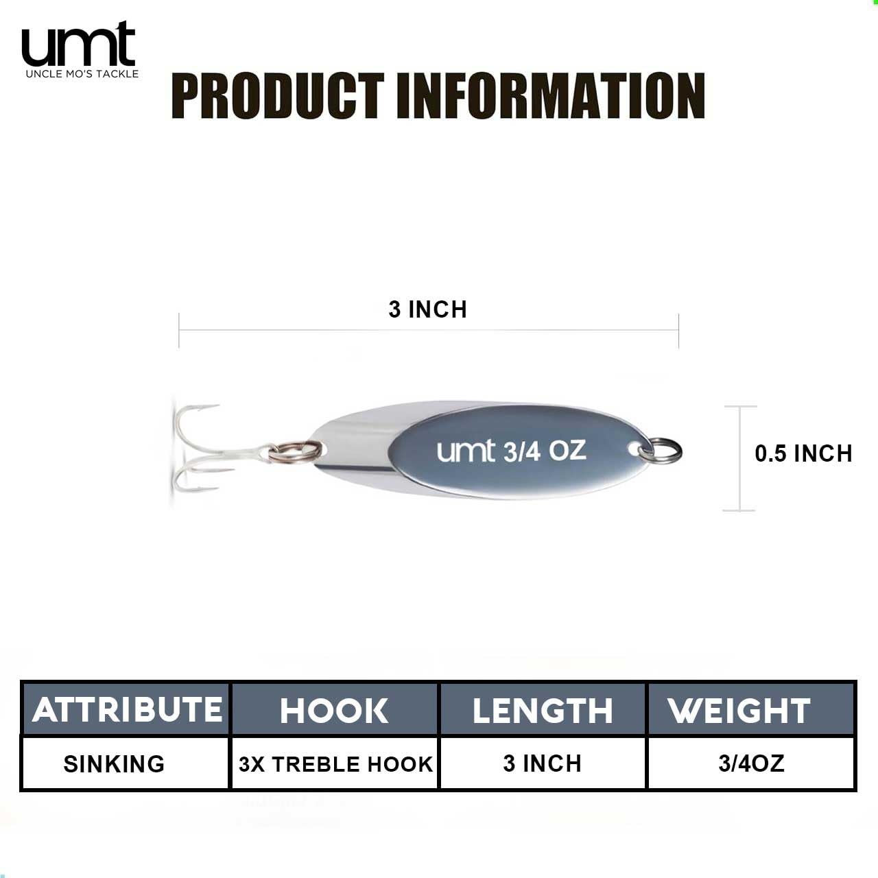 UMT Chrome Fishing Spoon Lure 3/4oz,1oz, 2oz - Super Sharp 3/0 Treble Hook for Freshwater & Saltwater Bluefish, Trout, Steelhead 1, 5, 10 Pack Options