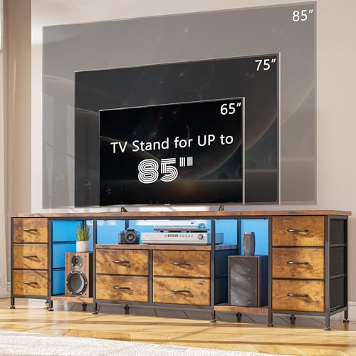 Image of 75.5 inch Long TV Stand for 85 /80 /75 Inch TVs LED Entertainment Center with Power Outlets & 10 Storage Drawers, Television Stands with 2 Separate Wood Shelves for Bedroom Living Room, Rustic Brown