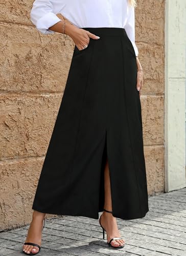 POPZONE Women's Maxi Skirts Elastic High Waist A-Line Skirts Front Split Skirts for Women with Pocket3