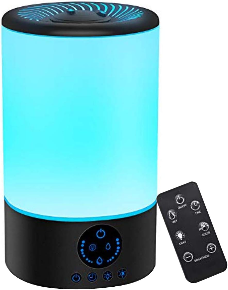 Cool Mist Humidifier, Quiet Humidifiers for Bedroom Babies, 3L Large Humidifier w/ Remote Control, 7 Colors Night Light Adjustable Brightness & Mist Output, Timer, Auto Shut-Off for Office Home, Black