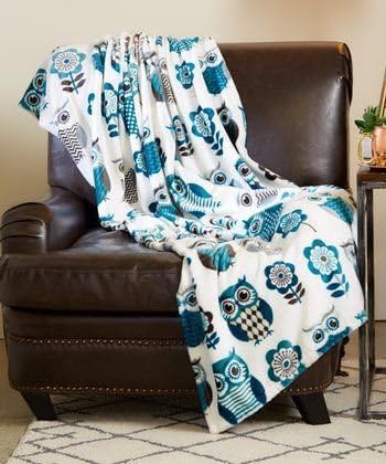 Marlene Plush Supreme Softness Teal Owls & Flowers Blanket Throw 50"x70" (100% Polyester)