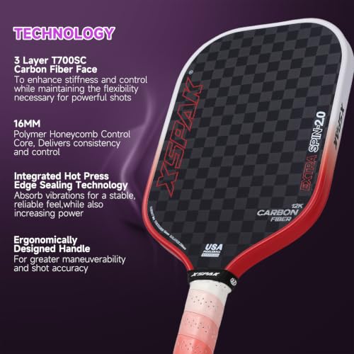 Image of 12K Carbon Fiber Pickleball Paddles, USAPA Polypropylene Honeycomb Paddle with Cushion Comfort Grip, SPIN2.0 World Champion Surface Technology Options Pickleball Racket