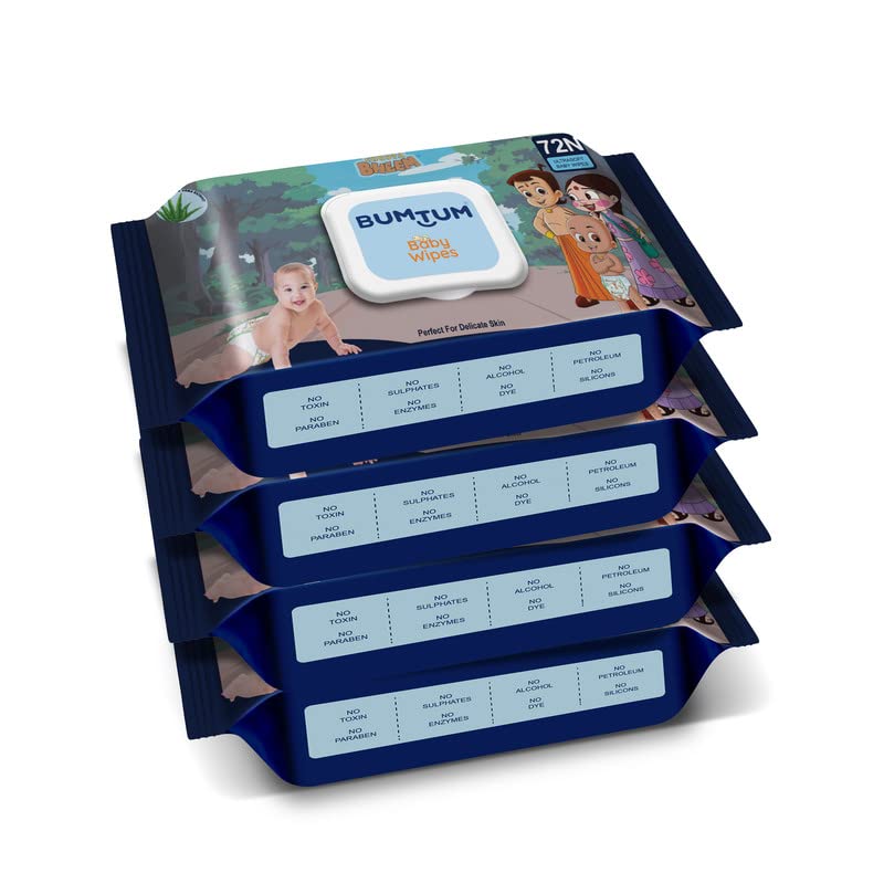 Image of Bumtum Baby Chota Bheem Gentle Soft Moisturizing Wet Wipes with Lid | Aloe Vera & Chamomile Extracts | Paraben & Sulphate Free (Pack of 4, 72 Pcs. Per Pack)
