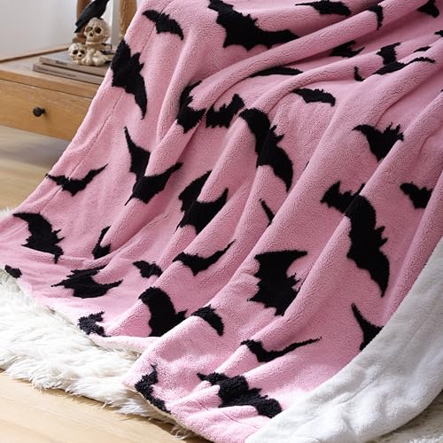 weigelia Halloween Throw Blanket - Pink Cute Bat Design Fleece Throw for Decorating Couch Bed Sofa, Soft Cozy Plush Halloween Blanket Gift for Kids Women, 50'' x 60''
