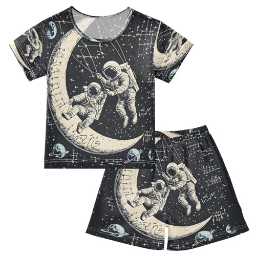 ALAZA Astronaut Moon Solar System Math Pajamas Set Short Sleeve Cotton Sleepwear Summer Pjs 2 Piece 5-14Y
