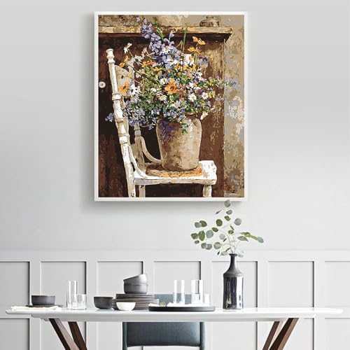 CaptainCrafts Paint by Numbers, DIY Oil Painting Paint by Numbers Kits for Adults 16x20 INCH Art Deco Home Gifts (with Frame, Wild Flowers Pots Chair)