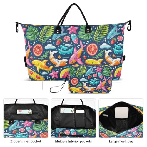 Shark Fish Starfish Palm Leaf Travel Duffle Bag Gym Bag Weekender Bags with Toiletry Bag Travel Trip Tote Bag2