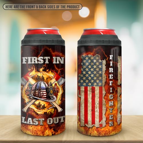 Image of SANDJEST Firefighter Tumbler American Flag 4 in 1 12oz Tumbler Can Cooler Coozie Skinny Stainless Steel Tumbler Gift for Firemen Fire Department Dad Men Father Graduation Retirement