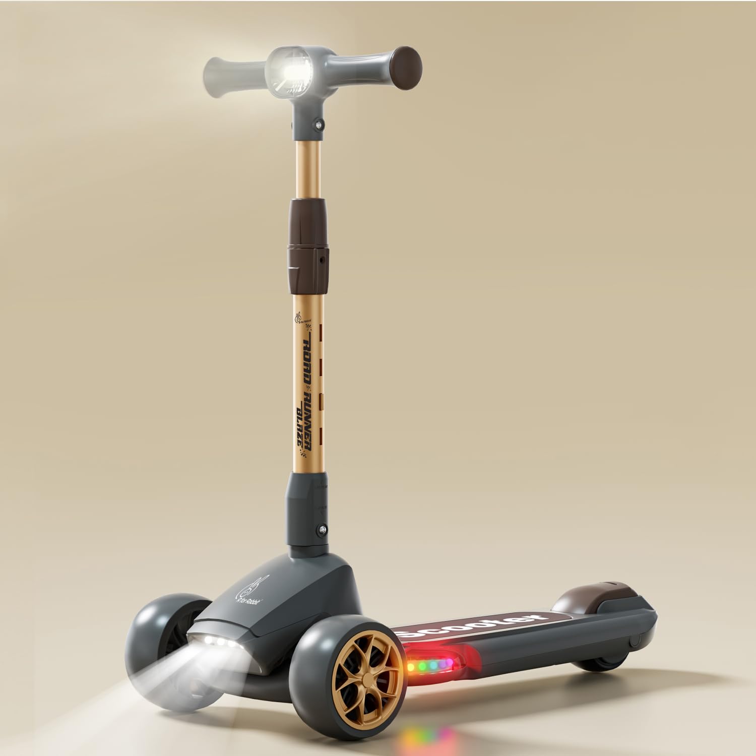 R for Rabbit Road Runner Blaze Foldable Kick Scooter for Kids with 4 Level Adjustable Height, PU LED Wheels, Lights and Music for 3+ Years Baby Boy & Girl of Upto 75kg Weight (Black Gold)-image-32