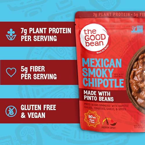 Image of The Good Bean Heat and Eat Pouch - Mexican Smoky Chipotle - (4 Pack) 10 oz Pouch - Simmered Pinto Beans with Chipotle Chilies - Pre-Cooked Beans with Good Source of Plant Protein and Fiber