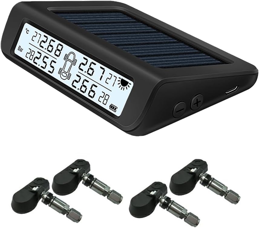 Universal Wireless TPMS Tire Pressure Monitor System Solar/USB Powered 4pcs Internal/External Sensors Real Time Monitoring Pressure Temperature LCD Display (with 4pcs Internal sensors, T812K)