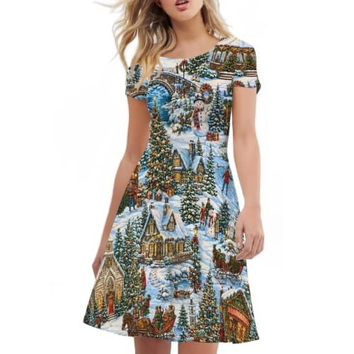 Image of Forchrinse Summer Dresses for Women Crew Neck Short Sleeve Midi Dress Casual Beach Vacation Sundress