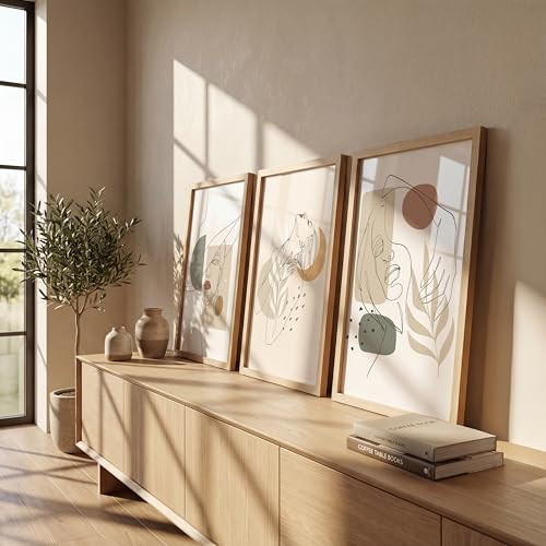 Image of NoWorries Minimalist line art wall Framed Painting Set of 3 | Abstract woman face Prints with Frame | Boho neutral wall decor modern gallery wall set | Scandinavian art prints feminine line drawing | Beige Aesthetic living room, bedroom and office decor contemporary wall art (Art-15, 13x19inch, Wooden)