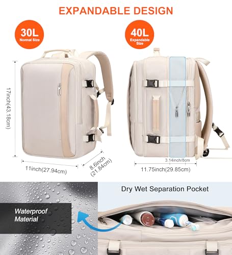 PIJUSHI Carry on Travel Backpack for Women Expandable Suitcase Backpacks Flight Approved 40L 16 inch Laptop Bag with USB Port(PE034 Beige)2