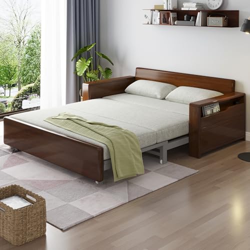 Afcliv 59" 3 in 1 Convertible Sleeper Sofa with Storage, Grey Soft Cushion Sectional Couch, Reversible Chaise, Walnut Wood Frame Pull-Out Bed for Living Room, Apartment, Office