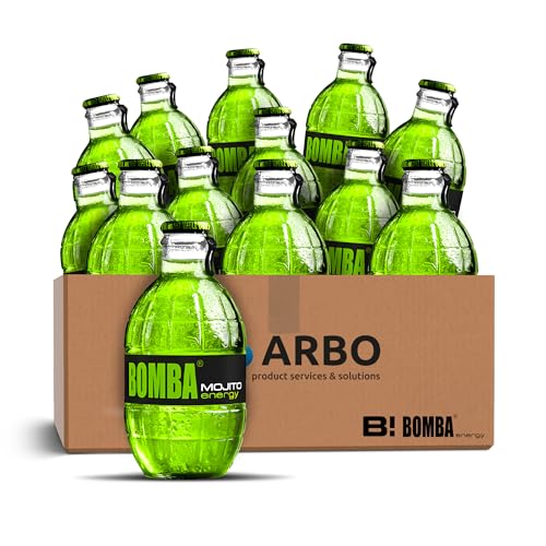 Bomba energiedrank Mojito (limoen-munt) 12 x 250 ml - verfrissende drank in stijlvolle glazen fles in 12-pack + ArBo-Living sticker