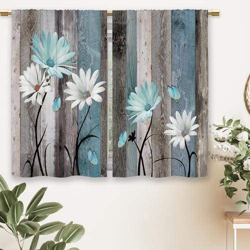 Laifzere Vorhänge im Landhausstil, Gänseblümchen-Motiv, Holzmuster, kleine, kurze Café-Fenstervorhänge, Küche, rustikal, Schmetterling… – Ansicht 6