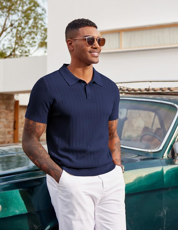 COOFANDY Mens Knit Polo Shirts Short Sleeve Slim Fit Textured Golf Polo Shirt Casual Summer Vacation T-Shirts - Image 2