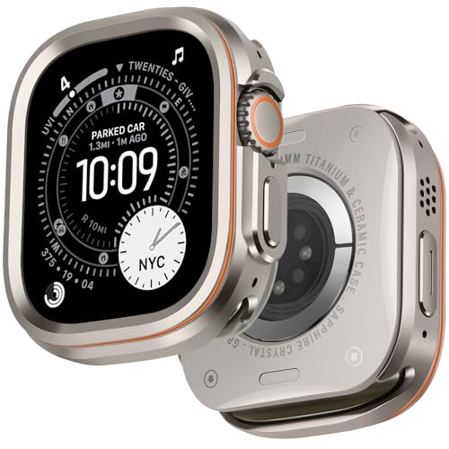 Dolstrap 耐衝撃メタルカバー 互換 Apple Watch ケース Ultra 3/2/1 49mm，金属製保護ケース裏表紙付きコンパチブル iWatch Ultra 3/2/1 に対応 (チタン／オレンジ)