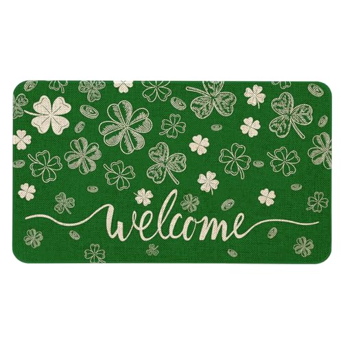 Kuyuayee St. Patricks Day Welcome Door Mat 30x17 Inch St Patricks Day Shamrock Doormat Indoor Outdoor Entrance Floor Mats Non-Slip Washable Saint Pa Home Decor Rug