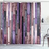 Ambesonne Wooden Print Shower Curtain, Brown Old Hardwood Floor Plank Grunge Lodge Garage Natural Rural Graphic, Cloth Fabric Bathroom Decor Set with Hooks, 69' W x 70' L, Blue Violet