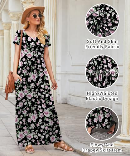 Image of EUOVMY Women's Short Sleeve Loose Plain Maxi Dresses Casual Vacation Long Dresses with Pockets