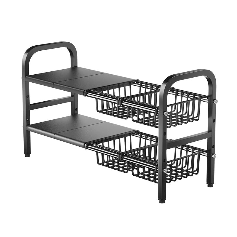 YFFSFDC シンク下収納ラック 伸縮式2段 キッチン 洗面台下収納 組立簡単 耐荷重50kg 省スペース シンク下伸縮棚 収納バスケット4個付き W53-88×D24.7×H48.5cm
