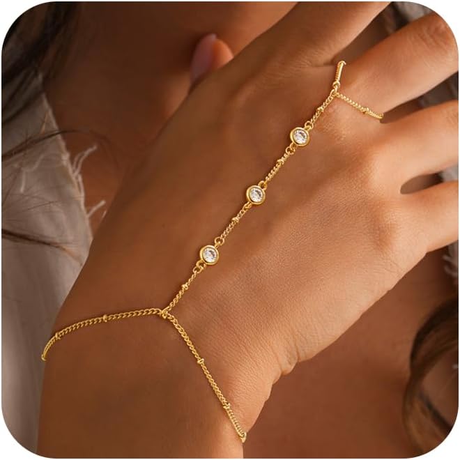 Valentine Gift 14K Gold Plated Hand Chain Bracelet for Women Trendy, 2 Pcs Stackable Gold/Silver Finger Ring Bracelet Hand Chain Dainty Non Tarnish Waterproof Set Jewelry Adjustable 7'+2