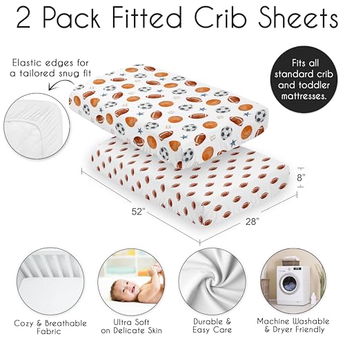 Image of Sweet Jojo Designs 2-Piece Baby Crib Sheets Set (Sports Theme) for Boys, Infant Nursery, Toddler Room - Fitted, Standard Size (Football Print & Watercolor, Vintage, Sport Themed, Baseball, Blue Stars)