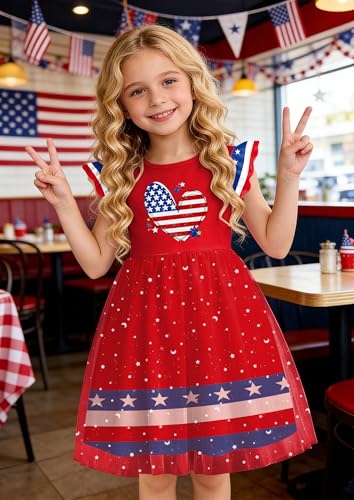 Image of Girls 4th of July Dress American Patriotic Outfit USA Independence Day Clothes Flutter Sleeve Tulle Tutu Dress 5-14y