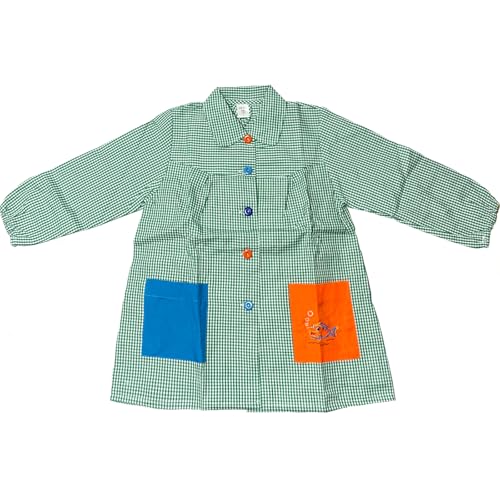 YIJIA | Bata Escolar Unisex para Niños y Niñas - Uniforme Infantil para Guardería y Colegio con Botones | Cuadrado (FR/ES, Edad, Talla única, Regular, Talla 6（7-8 año）, Cuello Verde)