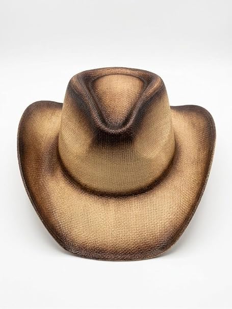 Cappello da Cowboy Stile Western in Paglia Beige e Marrone con Effetto Sfumato Vintage per Uomo e Donna V022