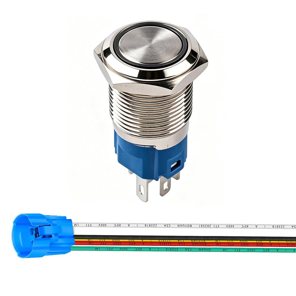 Gebildet 1 Piece 0.63 Inch/16mm Stainless Steel Momentary Push Button 12V-24V 5A LED 1NO1NC SPDT ON Off Waterproof with Wire Socket Plug(Orange LED)