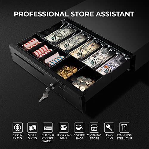 Munbyn Black Cash Register Drawer, 16" Wide Cash Drawer With Removable Coin Tray, 5 Bill/5 Coin Tray, Rj11/Rj12 Interface Compatible With Epson Pos Square, Cashier Register Till Tray #TOP1