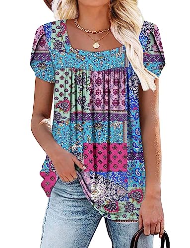 BETTE BOUTIK Womens Summer Tops Short Sleeve Pleated Square Neck Tunics Shirts Blouses S-3XL