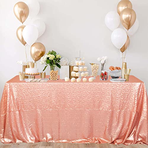 ShinyBeauty 60x102 Inch Blush Rose Gold Sequin Tablecloth - Christmas Party, Wedding, Baby Shower Sparkling Decor | Hand Wash Only Reusable Glitter Table Cover for Holiday, Photo Backdrop, Birthday