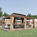 GAZEBEST 14' X 20' Hardtop Gazebo Outdoor Aluminum Patio Gazebo Double Roof Galvanized Steel Gazebo Canopy Wooden Finish Coated with Netting and Curtains,for Garden Patio,Patio Backyard,Deck and Lawns